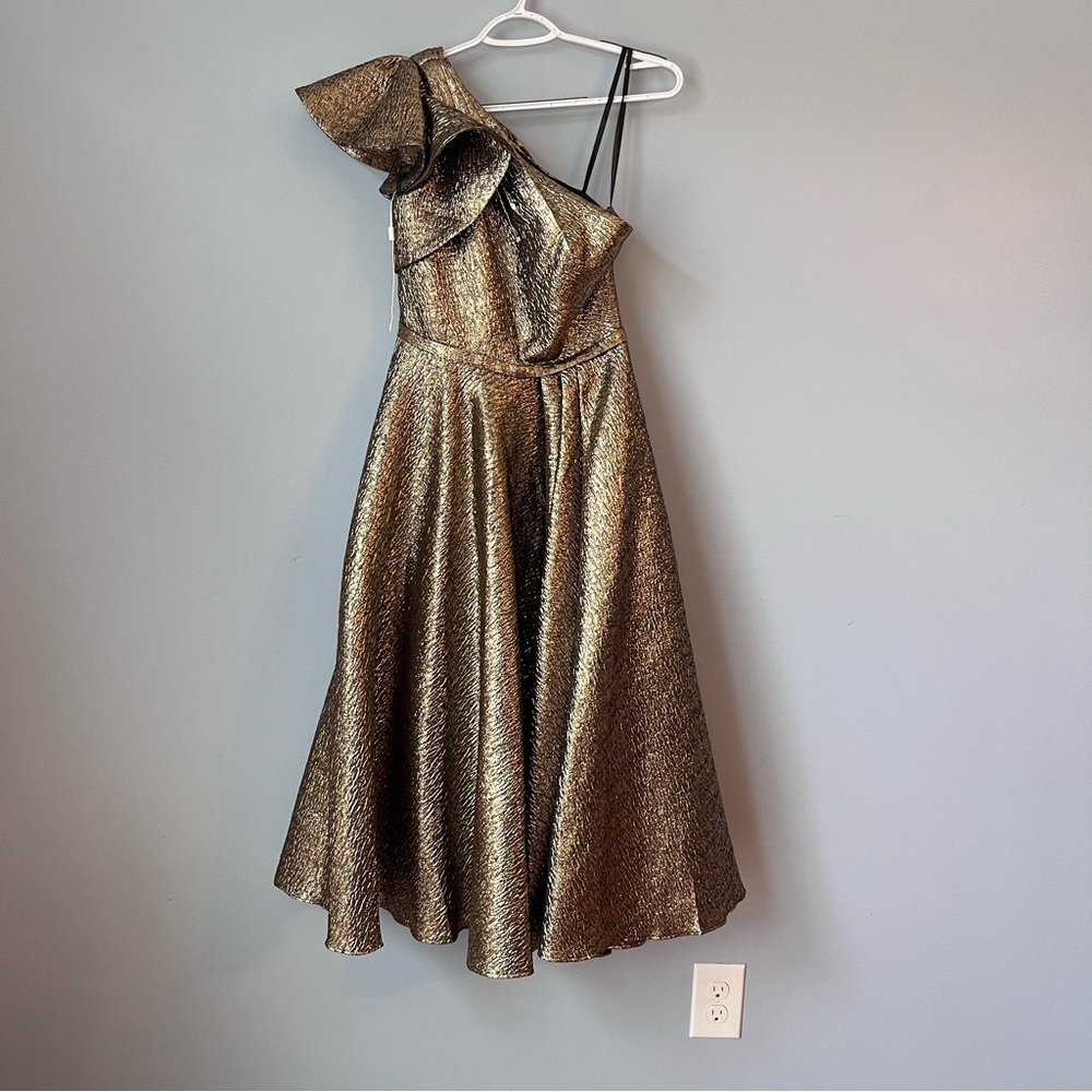NWOT Sz 4 Mac Duggal Bronze Metallic One Shoulder Bow Tea Midi Dress Prom Formal